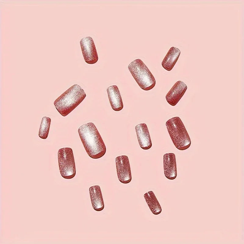 TEMU-24Pcs Glitter Press On Nails Medium Square Glitter Fake Nails Pinkish Cat Eye - alotasawkli