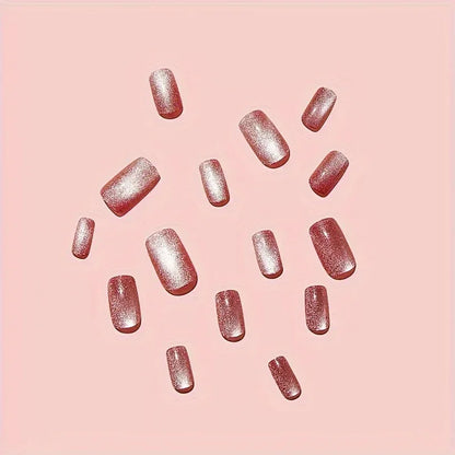TEMU-24Pcs Glitter Press On Nails Medium Square Glitter Fake Nails Pinkish Cat Eye - alotasawkli
