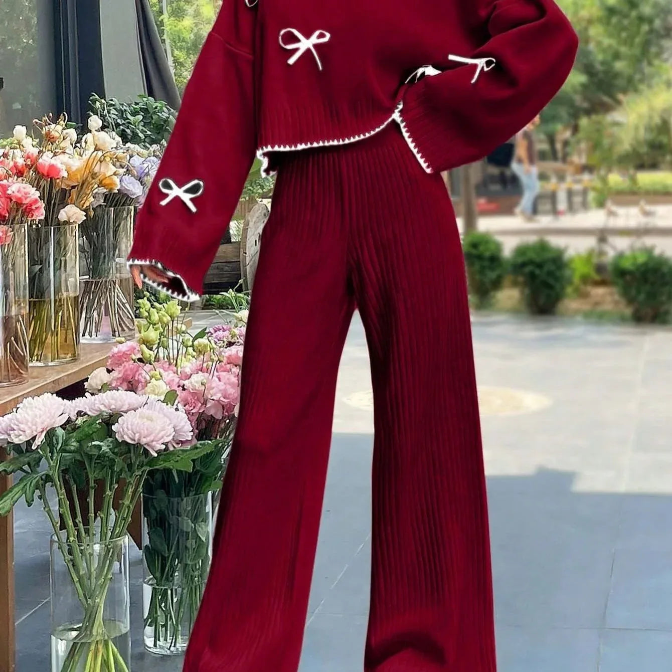 A 2pcs Women'S Set Consisting of a Simple Triko Top with Long Sleeves, Round Collar, And Filigree Decoration, And Pants. - alotasawkli