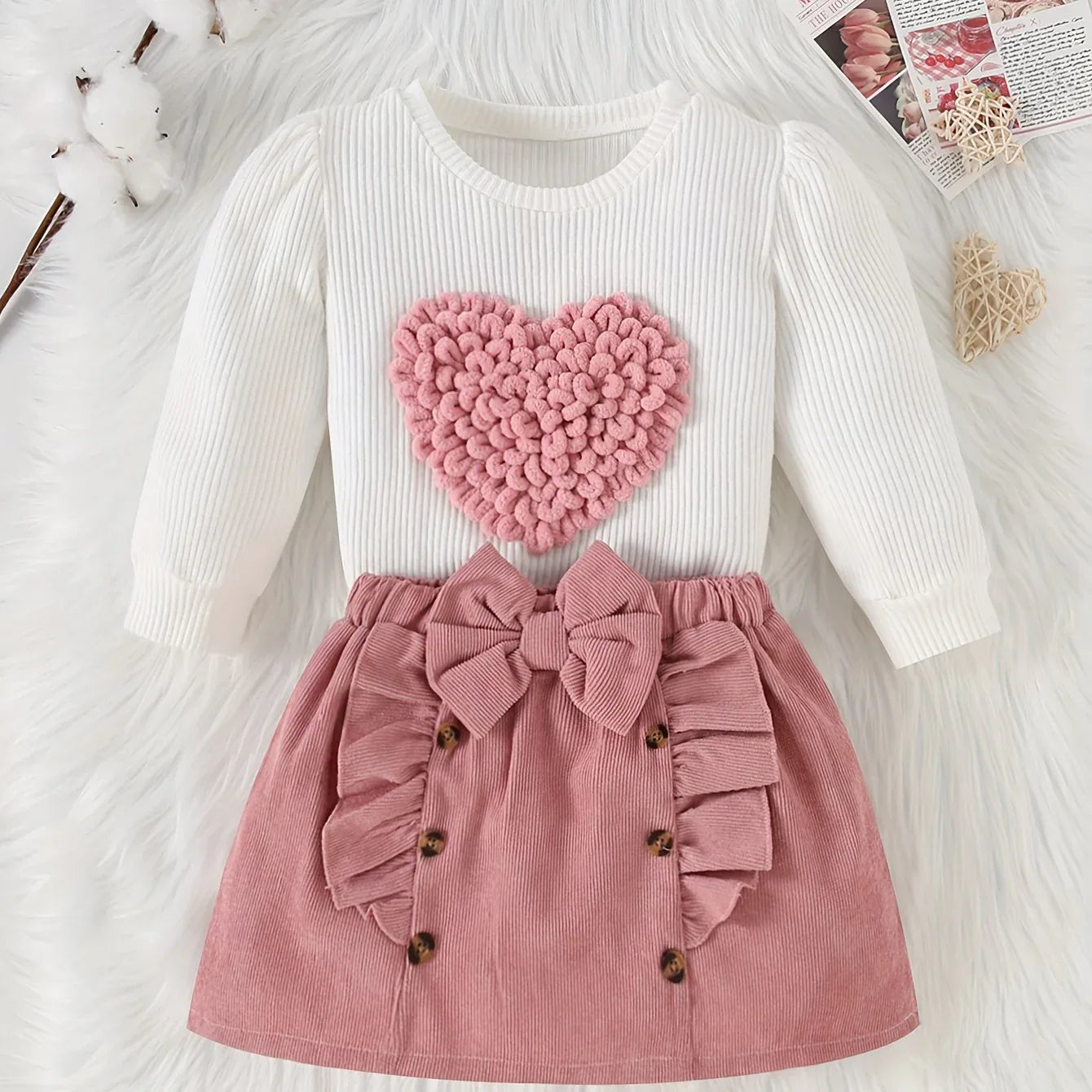 2pcs Set of Autumn and Winter New Love Pit Stripe Long Sleeved Top+corduroy Bow Skirt Set, Fashionable and Simple, Suitable for Birthday Gifts, Daily Wear, Comfortable and Warm, Perfect for Outdoor - alotasawkli