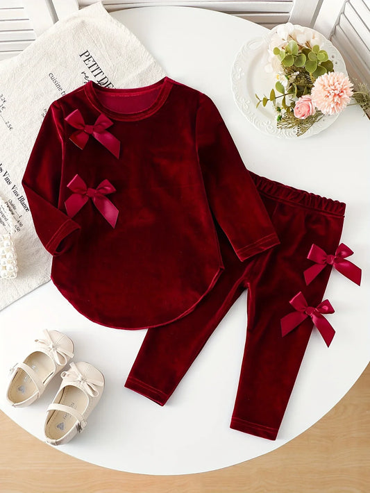 Girls' Red Velvet Solid Color Long Sleeve Set with 3D Bows | Preppy Style, Crew Neck, Regular Fit for Fall/Winter, for Outdoor - alotasawkli