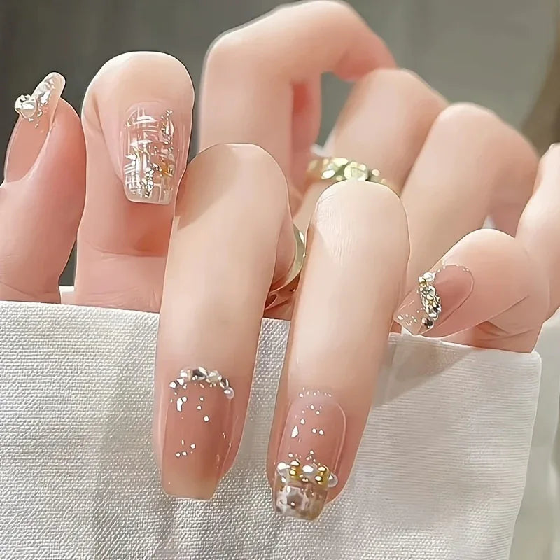 TEMU-A Set of 24 Medium-Length Faux Nails Designed with Rhinestones - alotasawkli