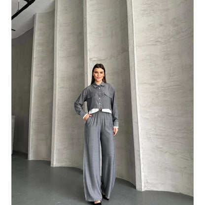 مجموعة قميص كروب واسع الأرجل للنساء من VOLT CLOTHING مع تفاصيل جيب - alotasawkli