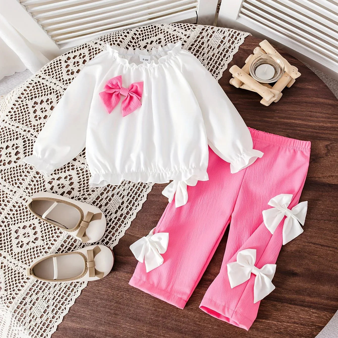 Girls' Autumn/Winter Oversized Bow Top + Four Bow Long Pants Set with Ruffled Collar, Sweet Princess Style, Warm, Perfect for Outdoor - alotasawkli