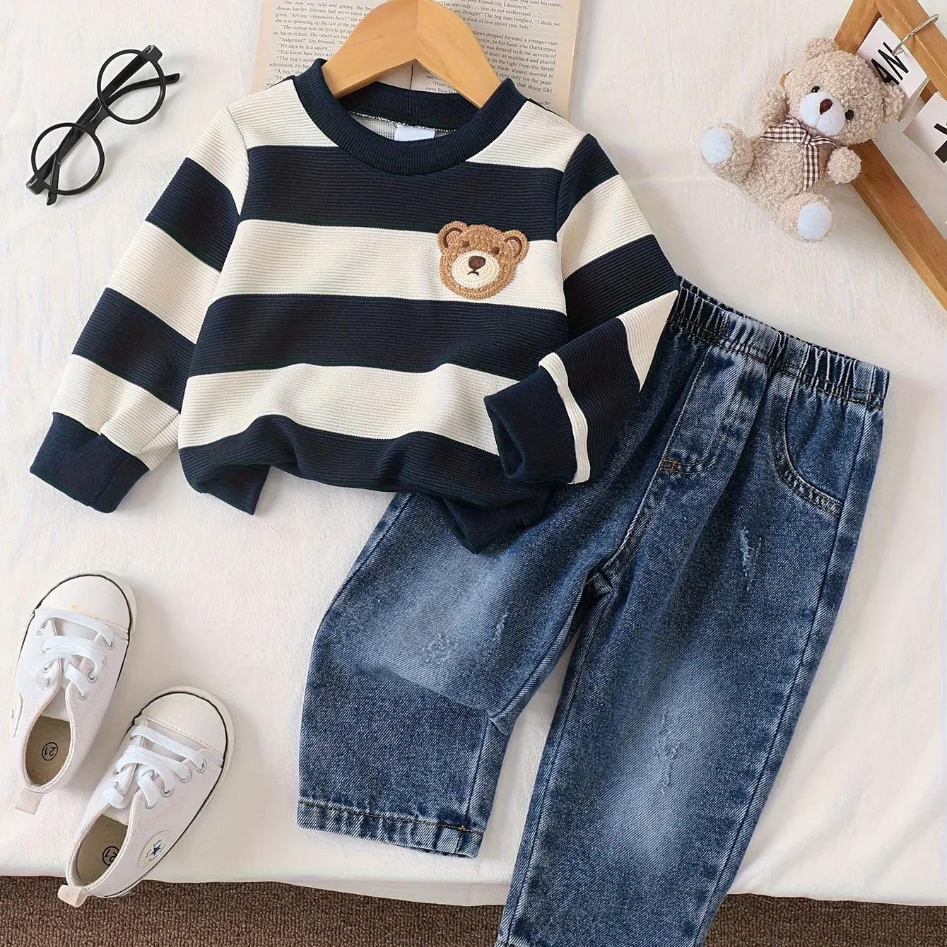 TEMU-2pcs Denim Set with Striped Long Sleeves - alotasawkli