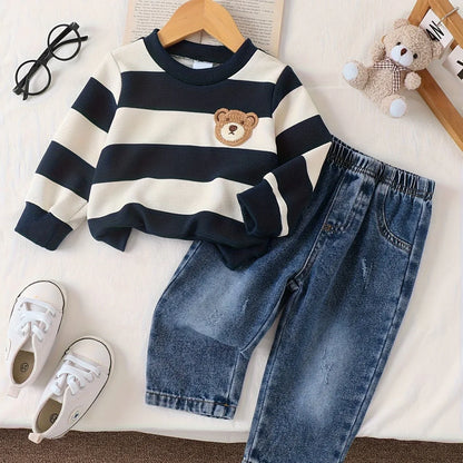 TEMU-2pcs Denim Set with Striped Long Sleeves - alotasawkli