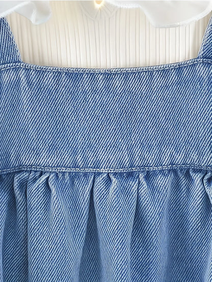 TEMU-Girls' Set: Floral Suspender Denim Skirt + Long-Sleeve - alotasawkli