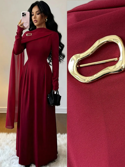 TEMU-Elegant Long Dress with Mesh Panel and Stand Collar - alotasawkli