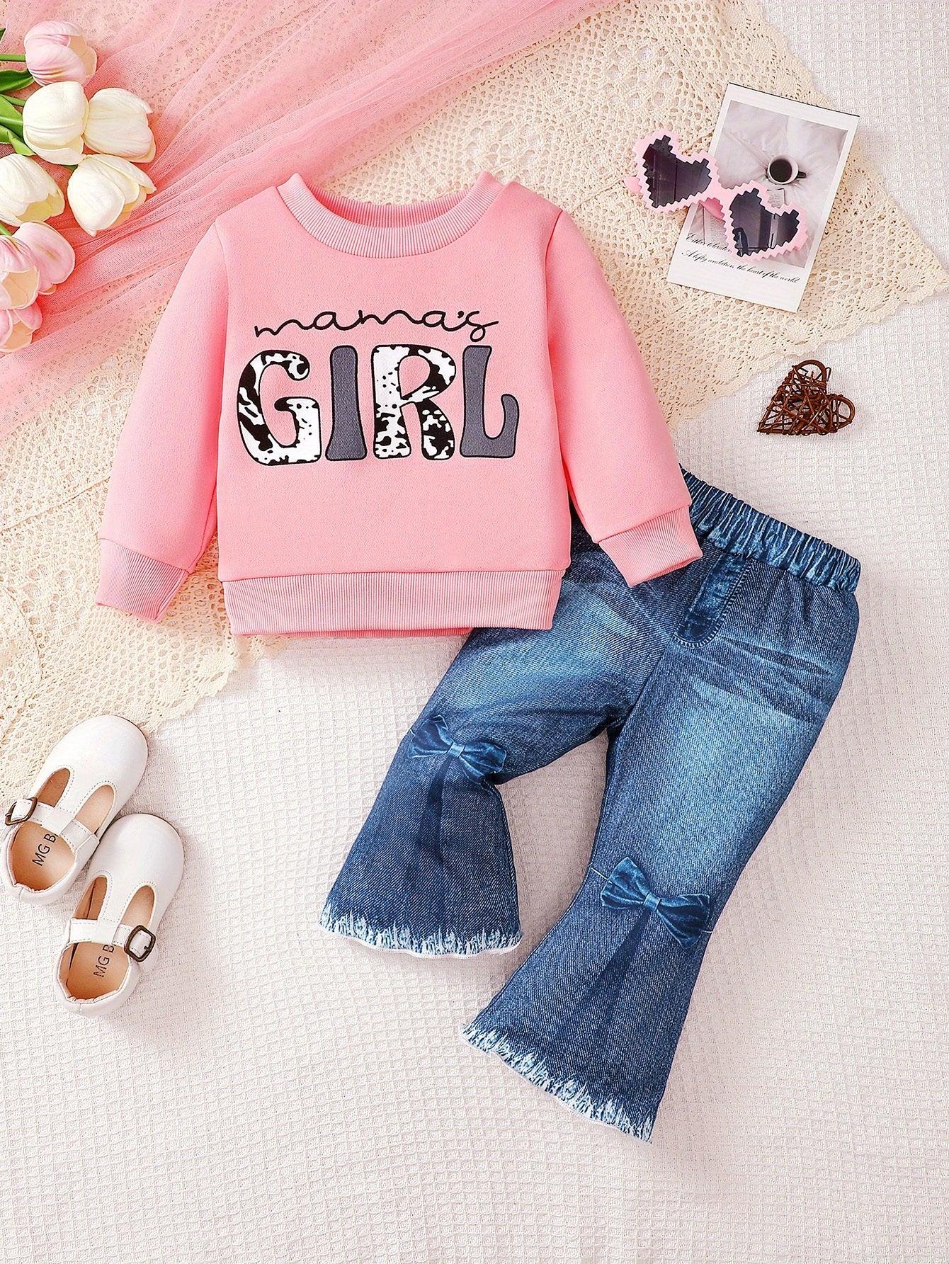 2pcs Baby Girls' Autumn Winter Casual Outfit Set - Letter Print Sweatshirt & Faux Denim Flared Pants, Cozy Warm Clothes for Toddlers, Long Sleeve Crew Neck Pullover with "Mama'S Girl" Design, for Outdoor - alotasawkli