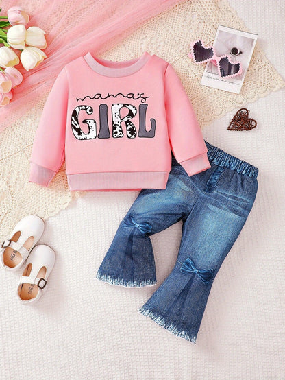 2pcs Baby Girls' Autumn Winter Casual Outfit Set - Letter Print Sweatshirt & Faux Denim Flared Pants, Cozy Warm Clothes for Toddlers, Long Sleeve Crew Neck Pullover with "Mama'S Girl" Design, for Outdoor - alotasawkli