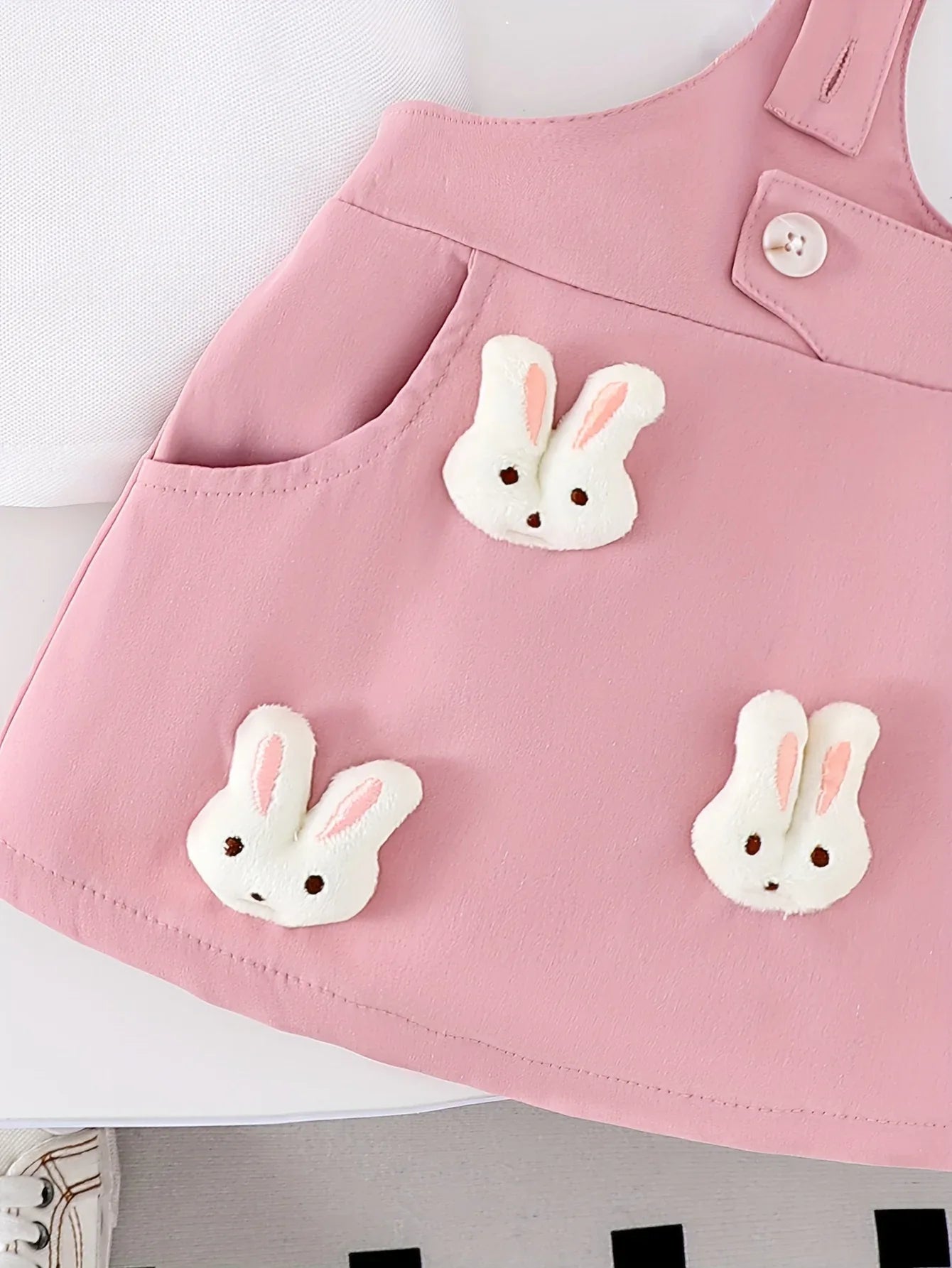 Girls' Pure White Knit Short-Sleeve Top + Stylish Bunny Strap Skirt Set, Perfect for Outdoor - alotasawkli