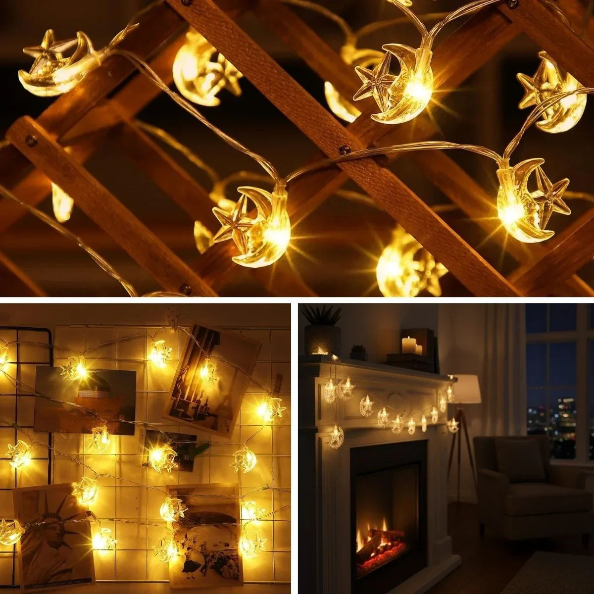 Buffer® مصباح LED USB على شكل هلال ونجمة بطول 3.5 متر – 20 LED لتزيين رمضان وإضاءة جوية - alotasawkli