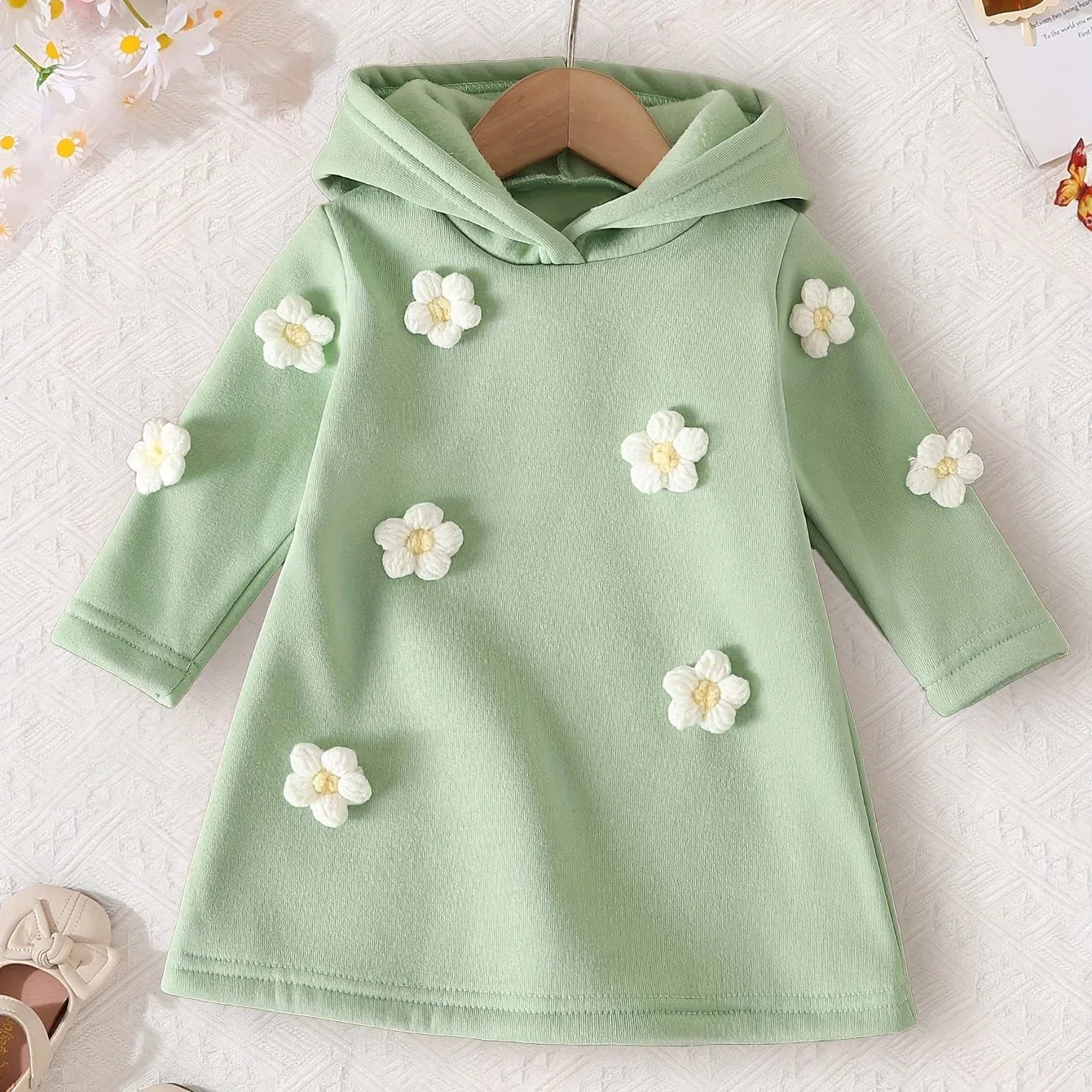 Thickened Winter Casual Dress for Baby Girls with 3D Floral Design, Long Sleeves, And a Hood, Perfect for Little Princesses. - alotasawkli