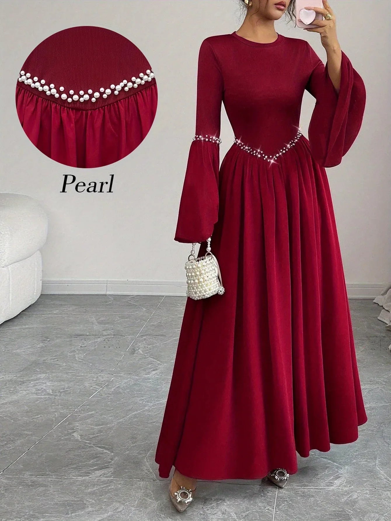 TEMU-Women'S Elegant Long Sleeve A-Line Maxi Dress with Round Neck - alotasawkli