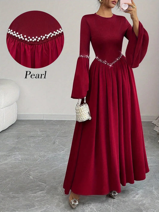 TEMU-Women'S Elegant Long Sleeve A-Line Maxi Dress with Round Neck - alotasawkli