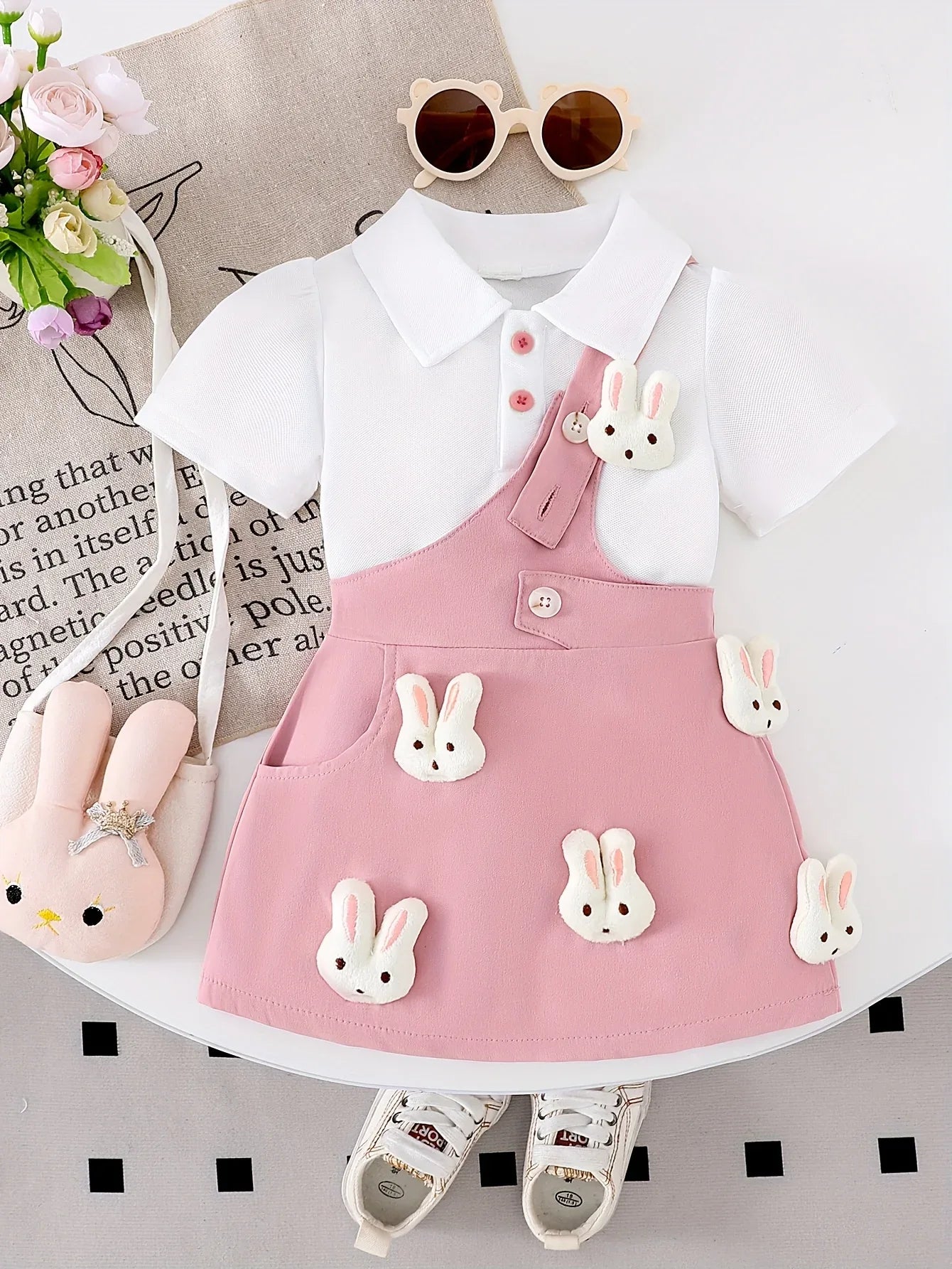 Girls' Pure White Knit Short-Sleeve Top + Stylish Bunny Strap Skirt Set, Perfect for Outdoor - alotasawkli