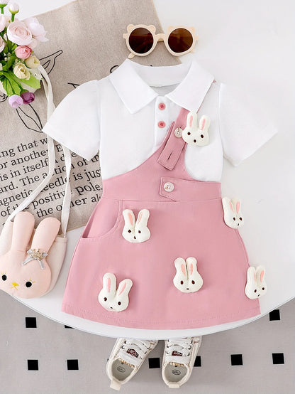 Girls' Pure White Knit Short-Sleeve Top + Stylish Bunny Strap Skirt Set, Perfect for Outdoor - alotasawkli