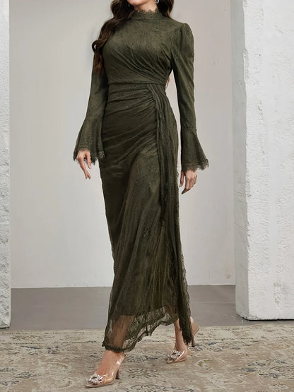 TEMU-Elegant Long-Sleeve Lace Dress with Ruffle Neckline - alotasawkli
