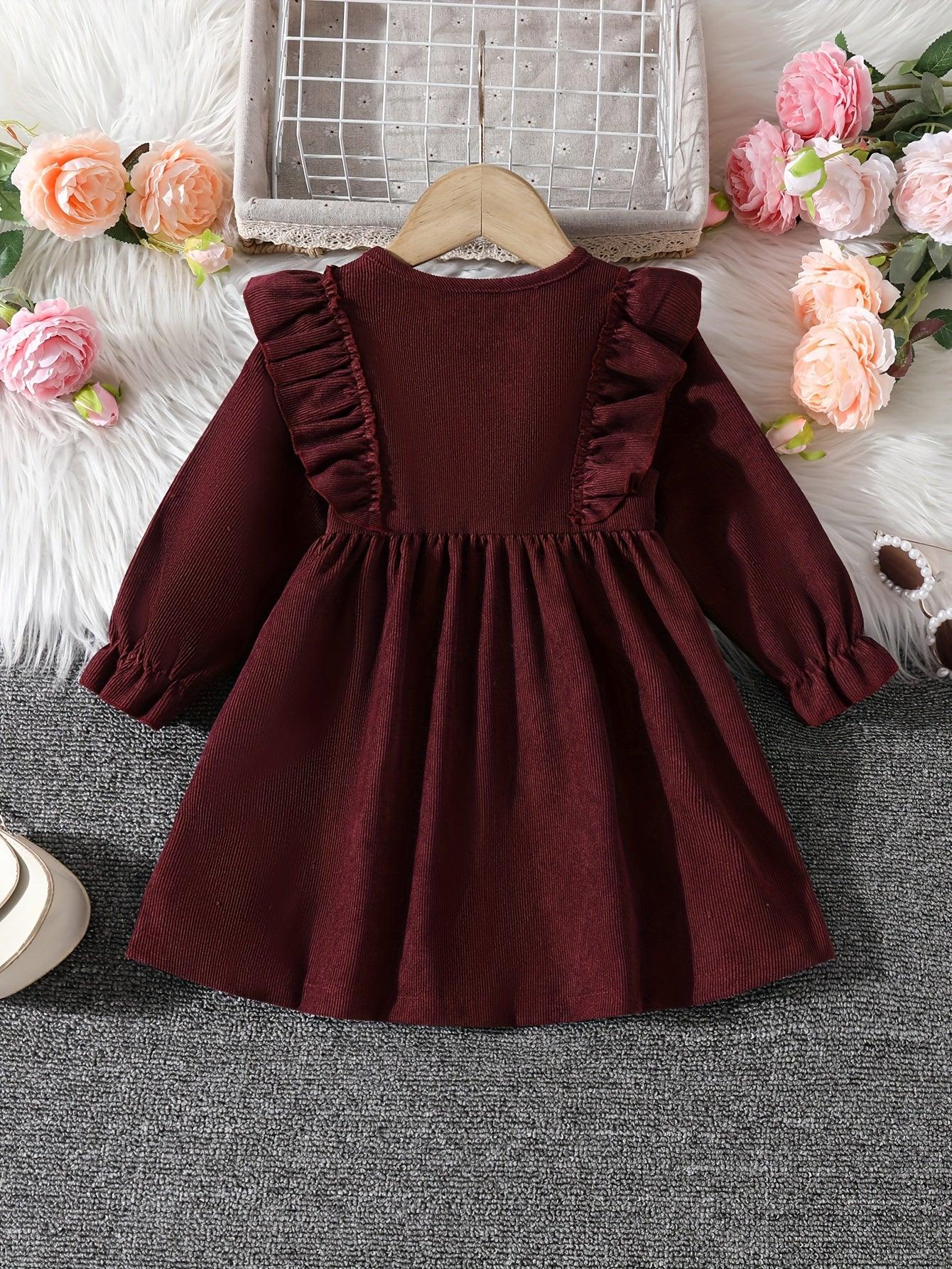 Adorable Long Sleeve Corduroy Dress for Little Girls - Floral Embroidery, Ruffled Sleeves, Polyester Blend, All-Season Casual Wear, Floral Embroidery Dress|Ruffled Sleeve Dress|Polyester Blend Dress - alotasawkli