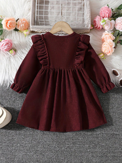 Adorable Long Sleeve Corduroy Dress for Little Girls - Floral Embroidery, Ruffled Sleeves, Polyester Blend, All-Season Casual Wear, Floral Embroidery Dress|Ruffled Sleeve Dress|Polyester Blend Dress - alotasawkli
