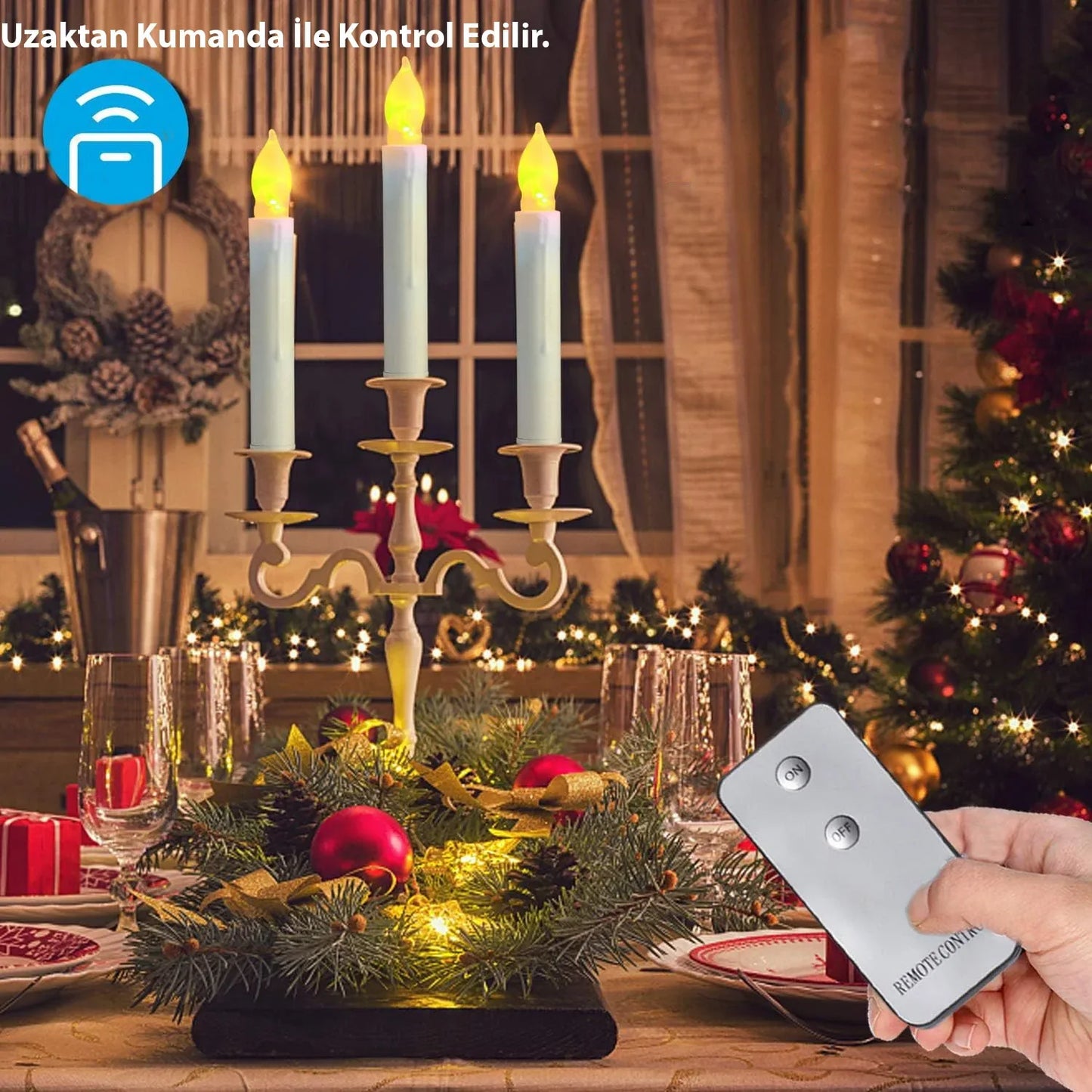 Hymark Titreyen زينة LED زهرة اصطناعية 12 قطعة بدون لهب على شكل مخروط، يتم التحكم فيها عن بعد - alotasawkli