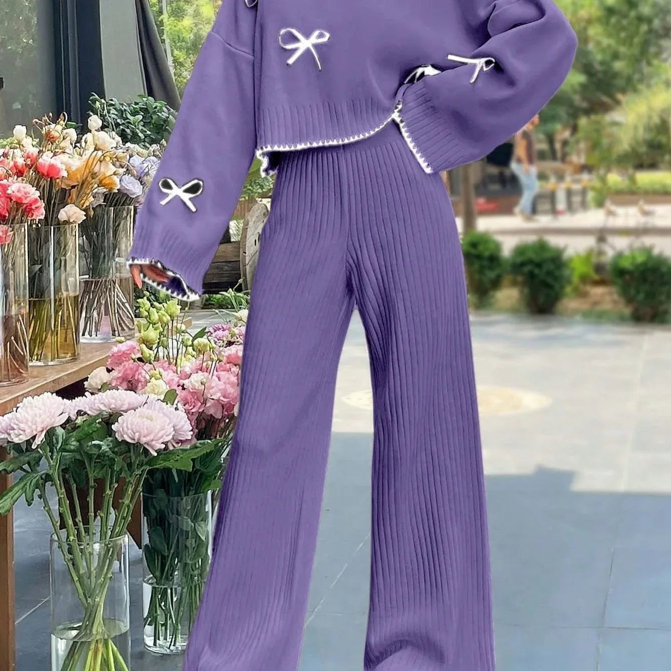 A 2pcs Women'S Set Consisting of a Simple Triko Top with Long Sleeves, Round Collar, And Filigree Decoration, And Pants. - alotasawkli