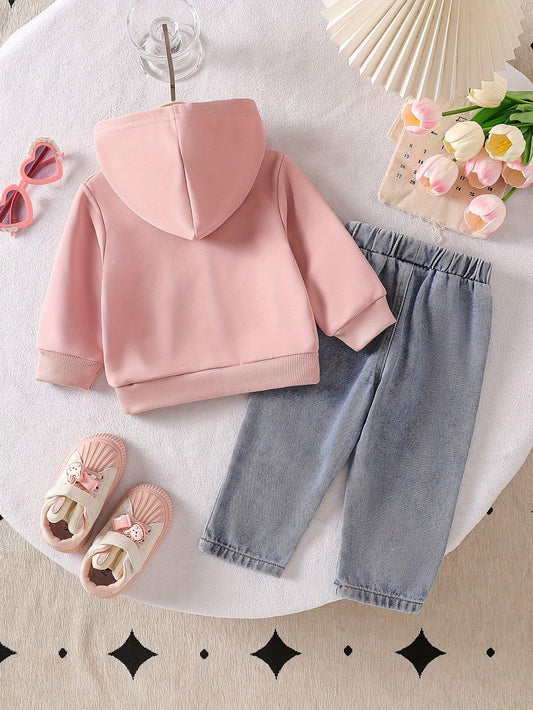 TEMU-2pcs Girls' Love Set: Pink Hooded Sweatshirt - alotasawkli