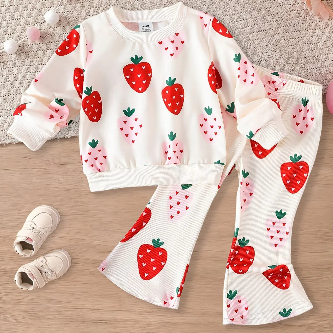 for Autumn and Winter - Girls 0-3 Years - New Strawberry Print Two Piece Set, with Red Strawberries, Green Leaves, and Pink Hearts, Soft Beige-Friendly Material, Boneless Sewing Craft, Baby Warm Outerwear, Winter Daily Wear, Cute Children's Clothing - alotasawkli