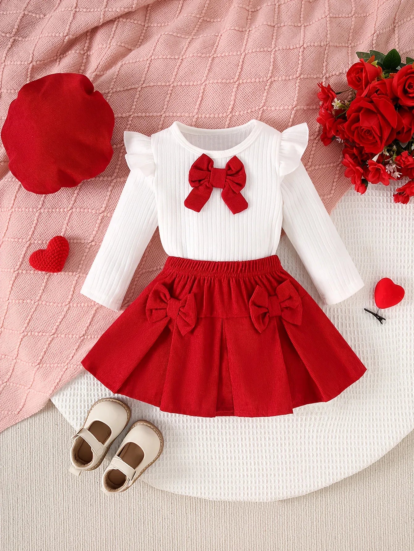 2pcs Set of Autumn and Winter Girl Casual Bow Long Sleeved Fly Sleeve T-shirt+skirt Set (with Hat Included), Simple and Cute, Suitable for Birthday Gifts and Attending Parties, Perfect for Outdoor - alotasawkli