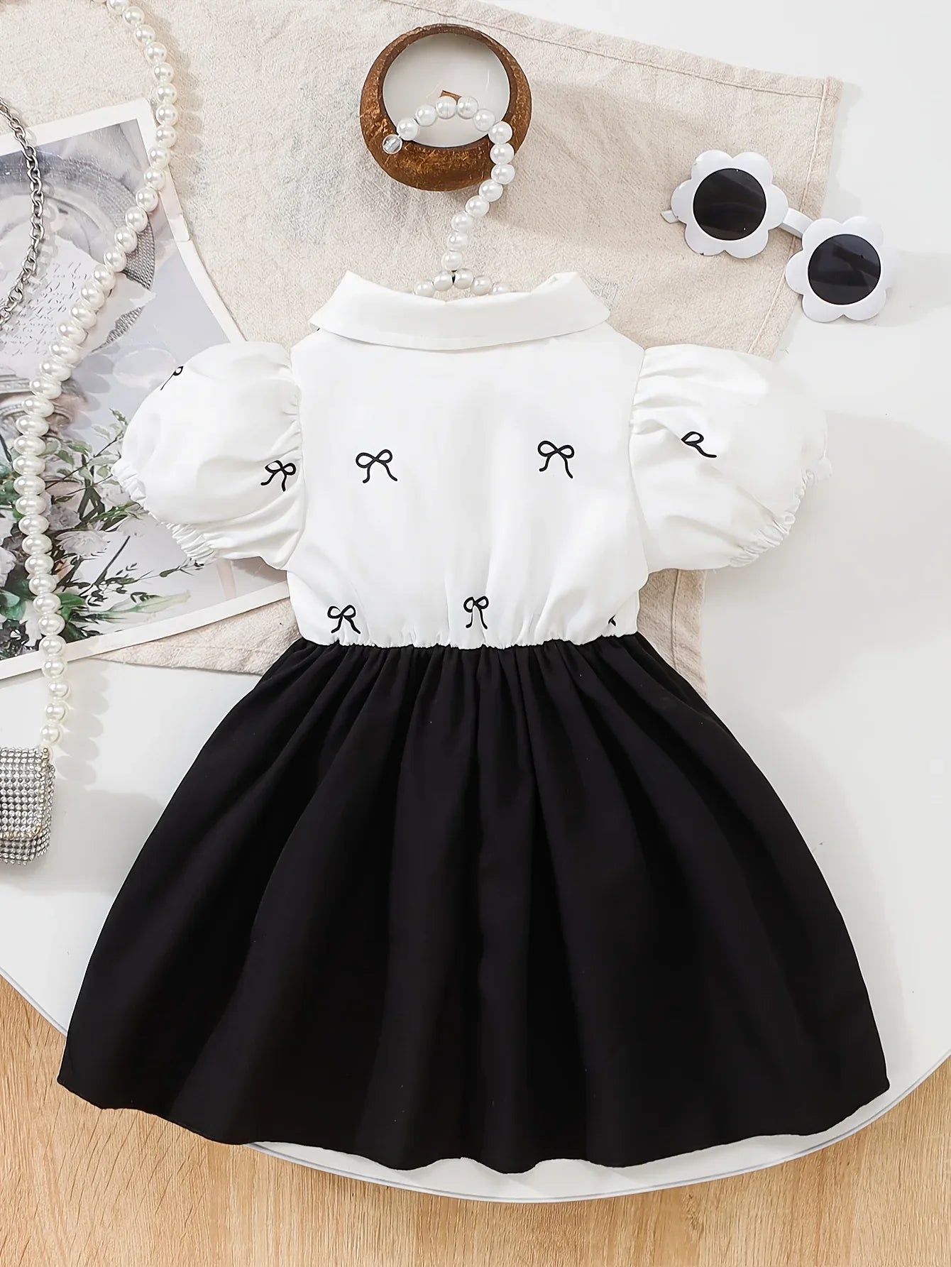 1pc Elegant Sweet Cool Style Baby Girl Dress | Black and White Contrast with Large Skirt, Non-Stretch Fabric, Random Print, Perfect for Spring/Fall - alotasawkli
