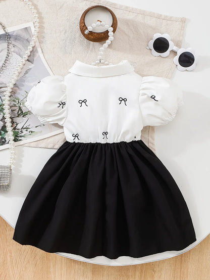 1pc Elegant Sweet Cool Style Baby Girl Dress | Black and White Contrast with Large Skirt, Non-Stretch Fabric, Random Print, Perfect for Spring/Fall - alotasawkli