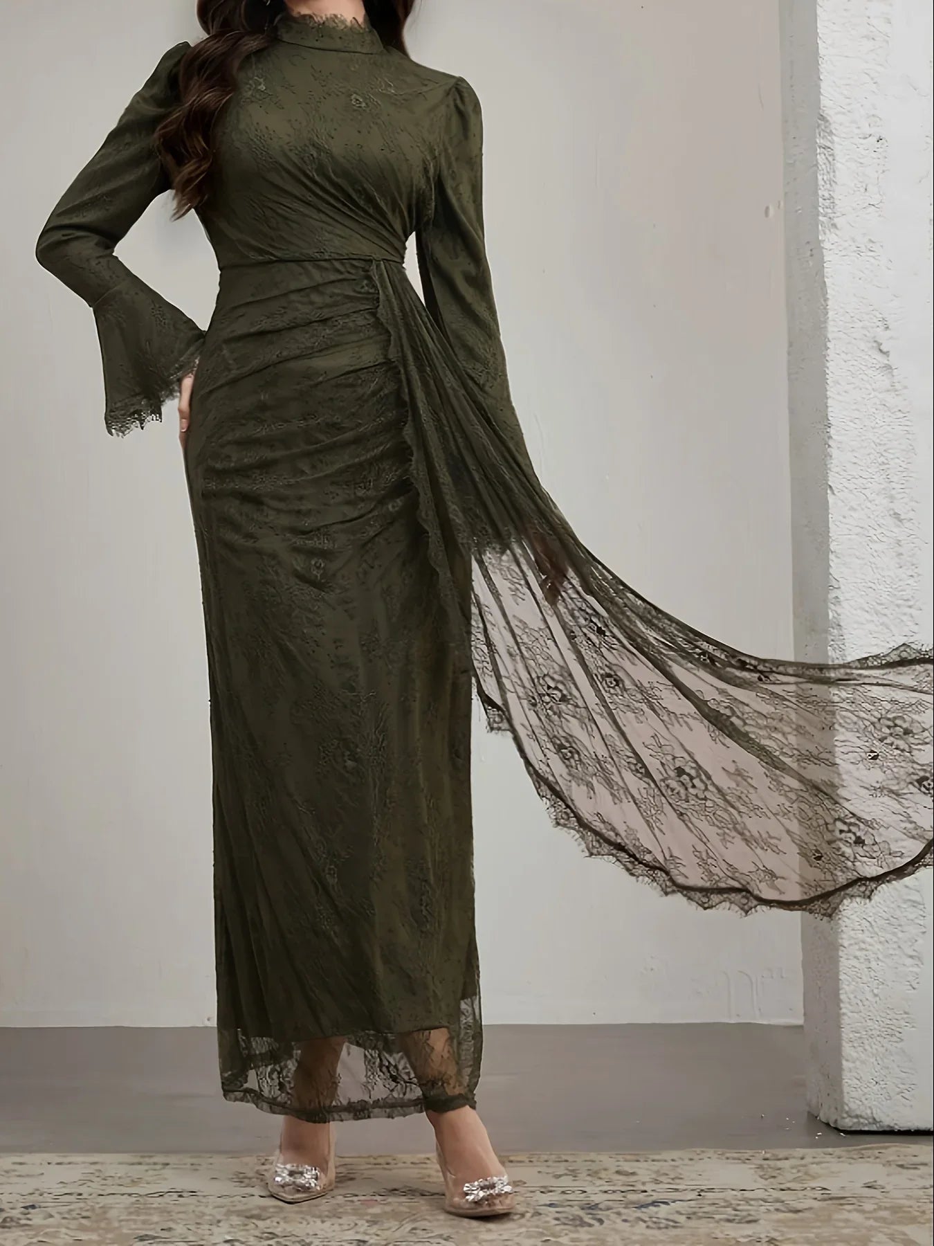 TEMU-Elegant Long-Sleeve Lace Dress with Ruffle Neckline - alotasawkli