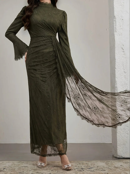 TEMU-Elegant Long-Sleeve Lace Dress with Ruffle Neckline - alotasawkli