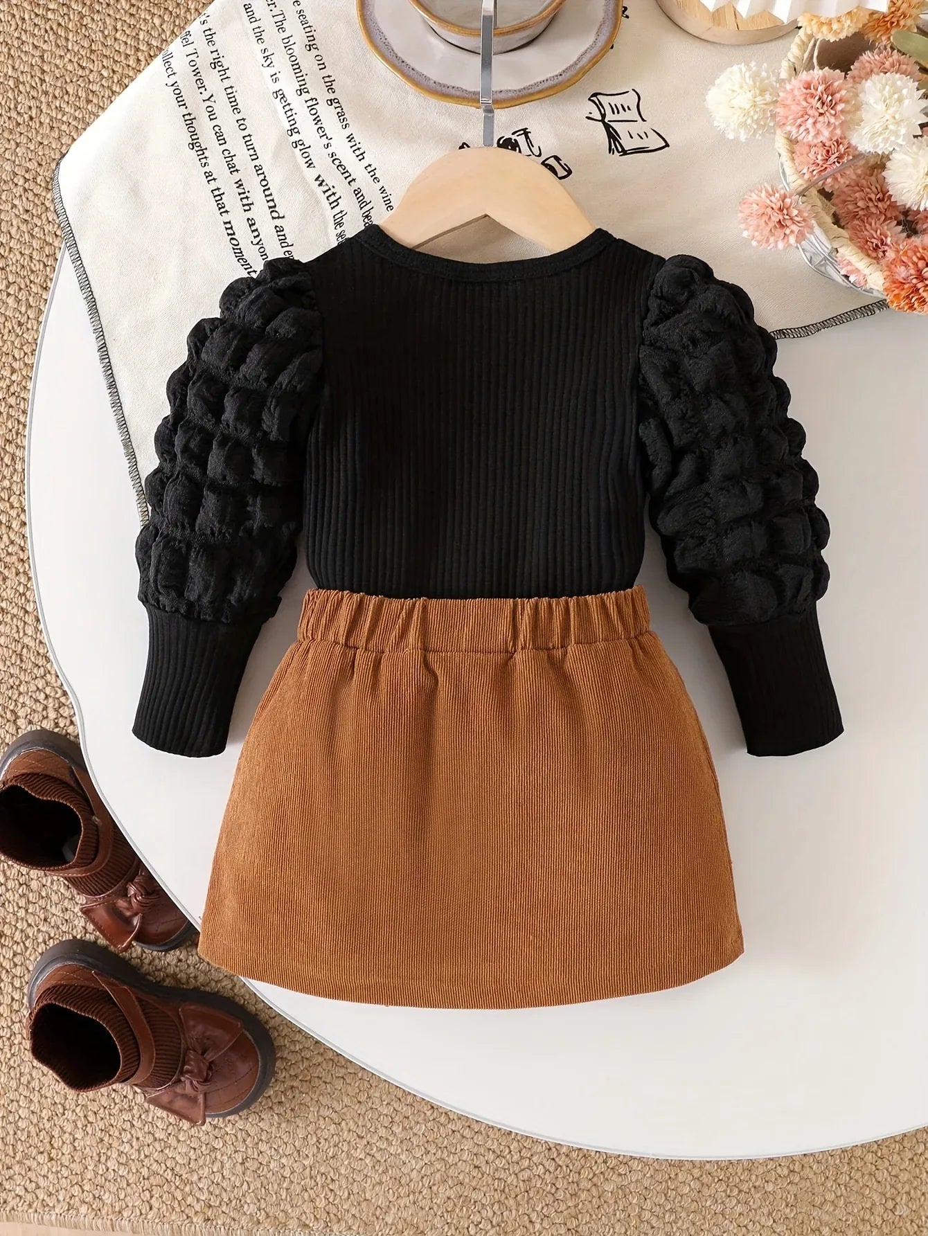 2pcs ' & Doll Dress Set - Cute Bow-Adorned Bubble Sleeve Smock Dress with A-Line Skirt & Matching Pocket Shorts-like Bottom, Spring/Fall Outfit (Hand Washable), Perfect for Outdoor - alotasawkli