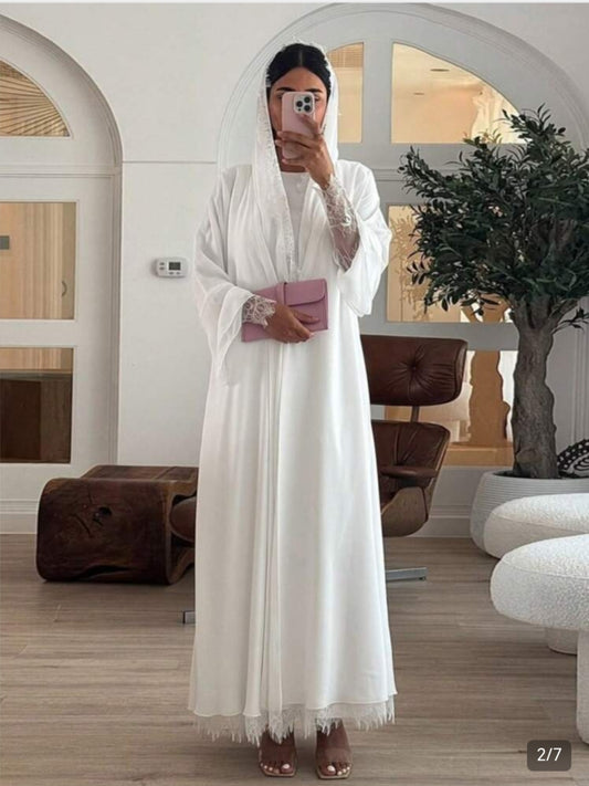 Chiffon And Lace Patchwork Front Opening Abaya With Headscarf