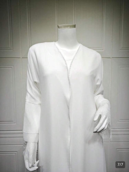 Chiffon And Lace Patchwork Front Opening Abaya With Headscarf