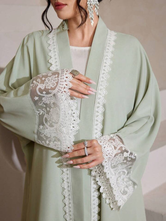 Al Najma Wateroplosbaar kanten vest, effen kleur, elegante abaya-jurk in Dubai-stijl, lange mouwen