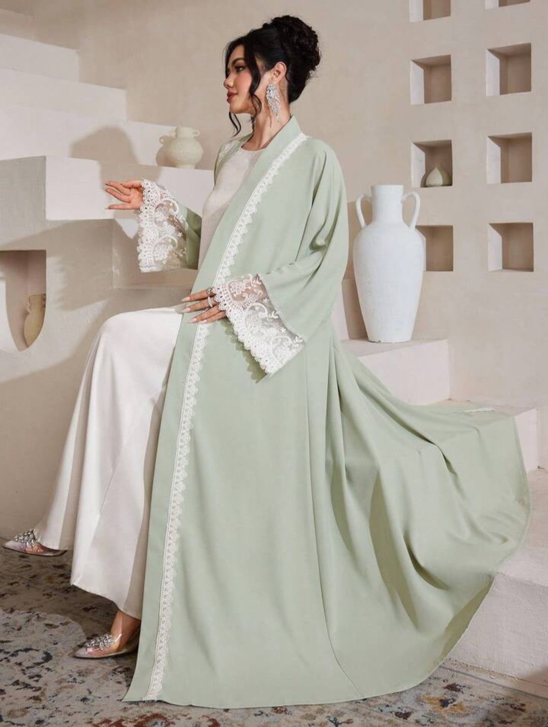 Al Najma Wateroplosbaar kanten vest, effen kleur, elegante abaya-jurk in Dubai-stijl, lange mouwen