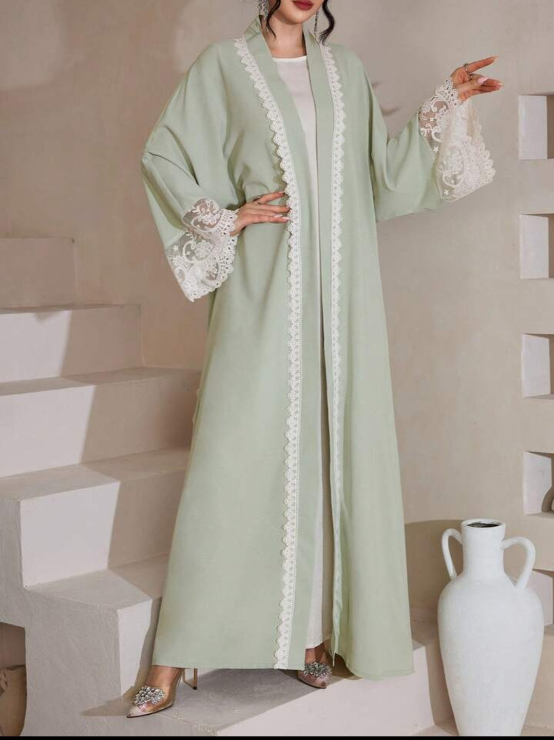 Al Najma Wateroplosbaar kanten vest, effen kleur, elegante abaya-jurk in Dubai-stijl, lange mouwen