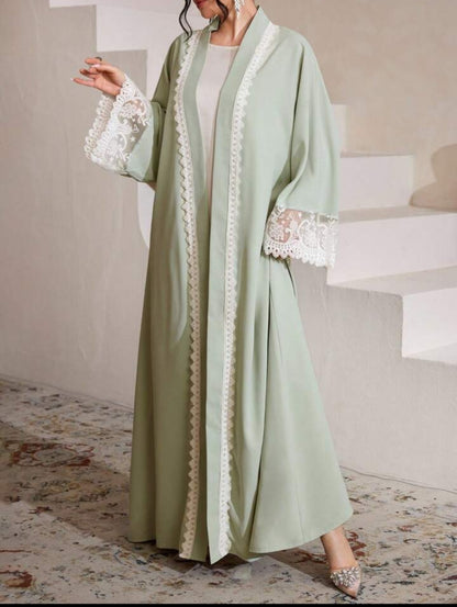Al Najma Wateroplosbaar kanten vest, effen kleur, elegante abaya-jurk in Dubai-stijl, lange mouwen