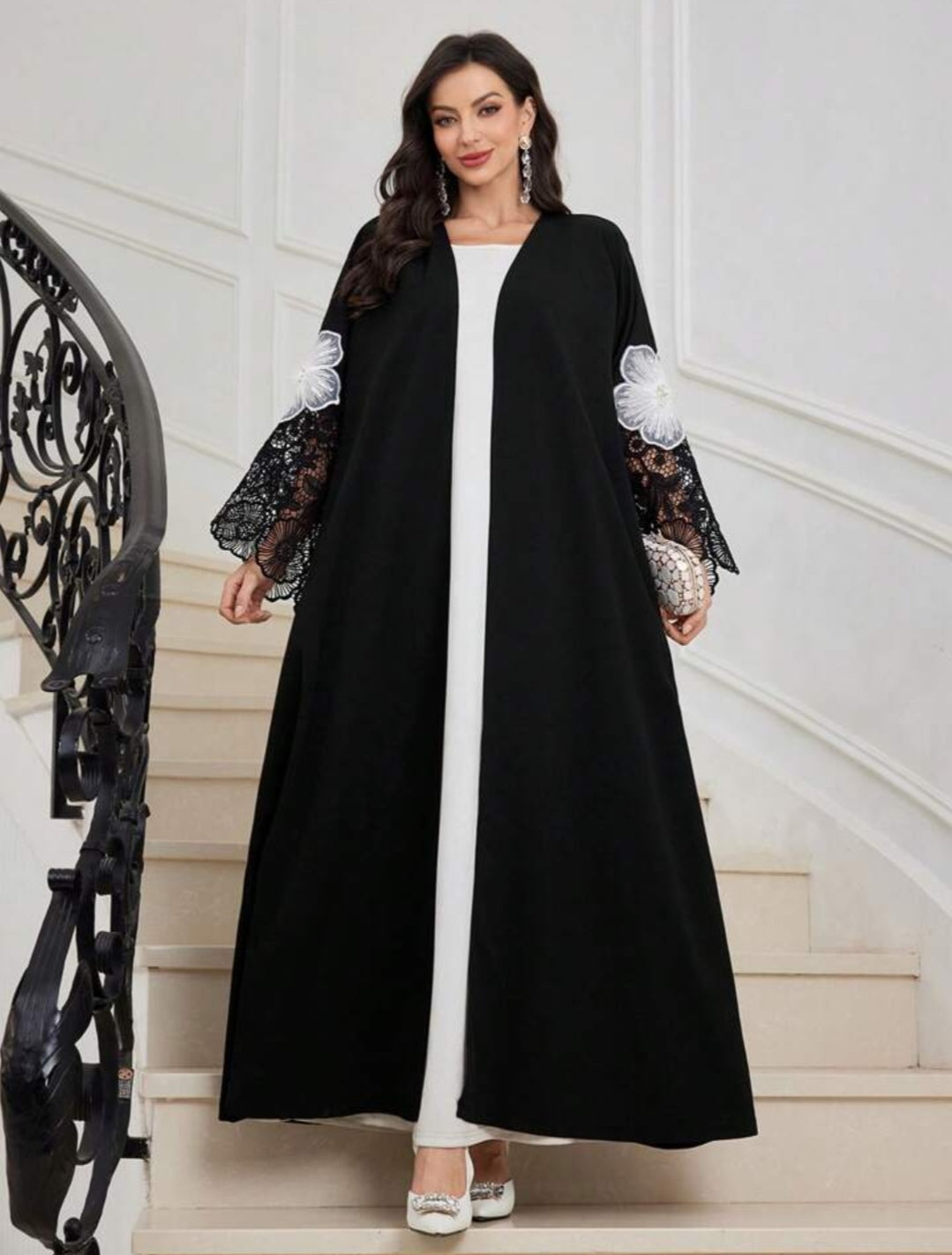 Al Najma Vrouwen Losse pasvorm Arabische Abaya-jas met kanten manchetten