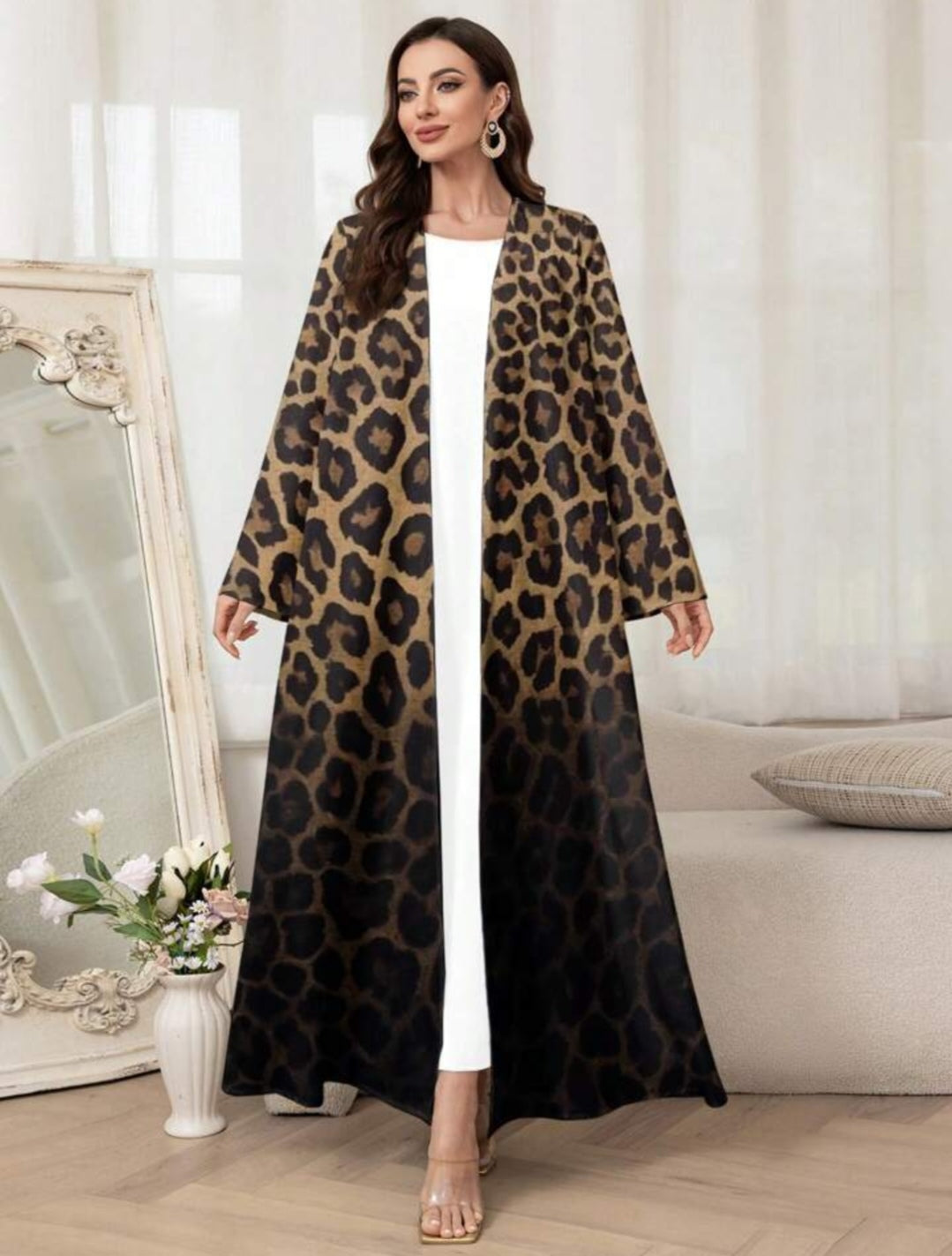 Al Najma Dames losse abaya met lange mouwen en ombre luipaardprint, bescheiden gewaad