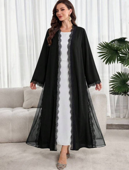 Al Najma Elegante abaya met lange mouwen voor dames, effen van kleur en met kanten patchwork