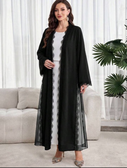 Al Najma Elegante abaya met lange mouwen voor dames, effen van kleur en met kanten patchwork