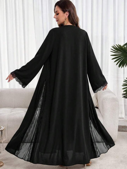 Al Najma Elegante abaya met lange mouwen voor dames, effen van kleur en met kanten patchwork