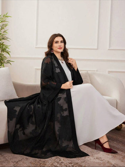 Al Najma Elegante losse pasvorm, plus-size abaya-jas met lange mouwen voor dames, chiffon jacquard