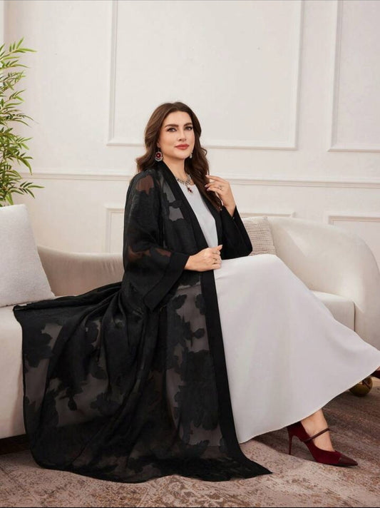 Al Najma Elegante losse pasvorm, plus-size abaya-jas met lange mouwen voor dames, chiffon jacquard