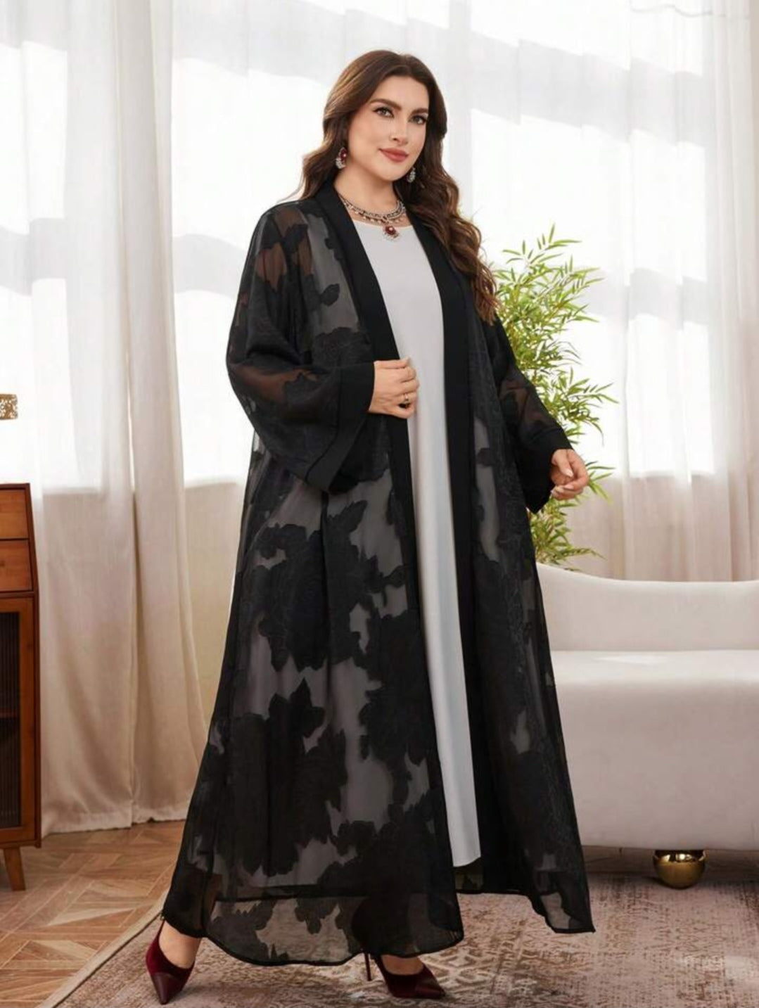 Al Najma Elegante losse pasvorm, plus-size abaya-jas met lange mouwen voor dames, chiffon jacquard