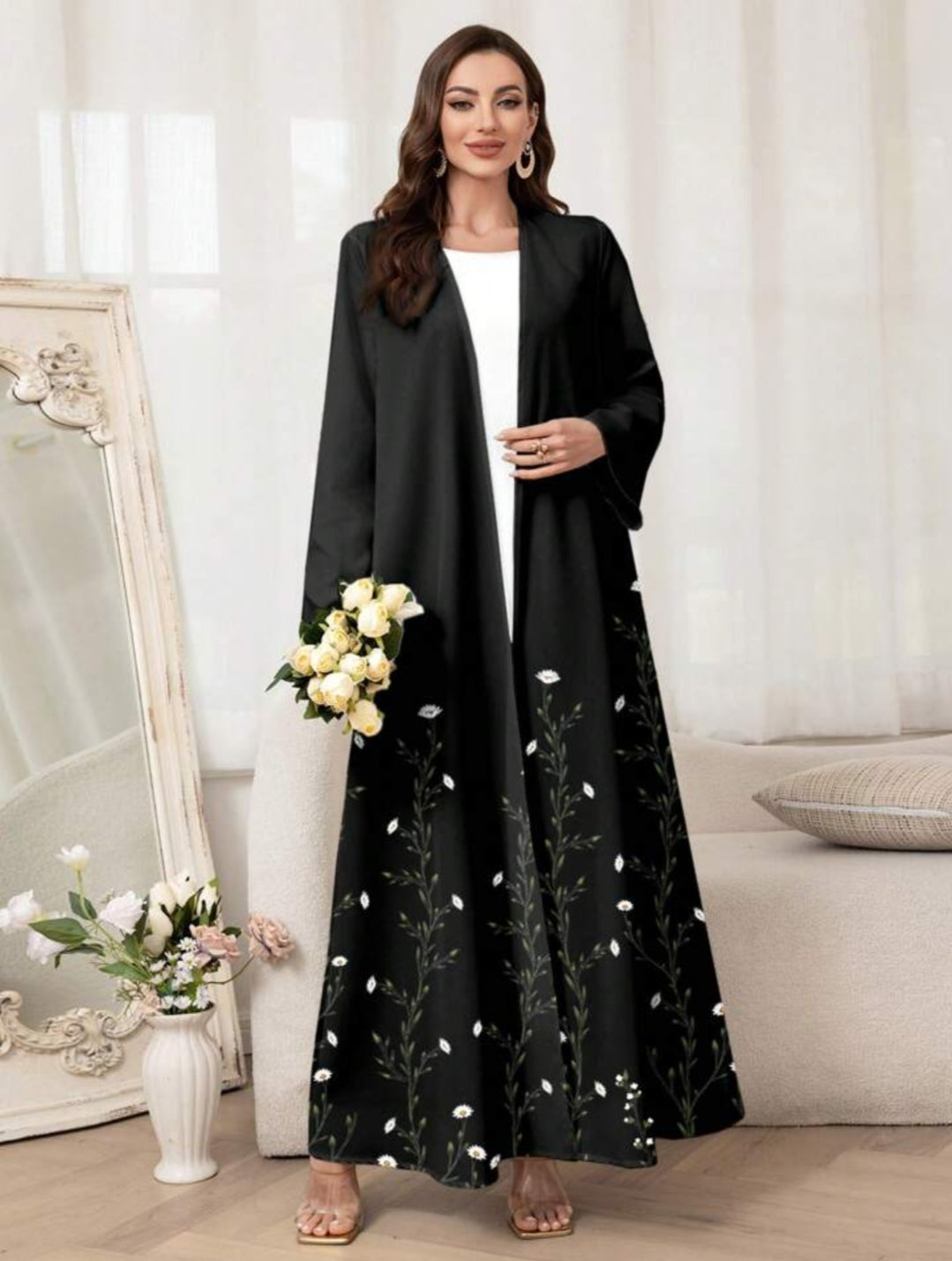 Al Najma Elegante Arabische abaya-jas met bloemenprint voor dames, bescheiden