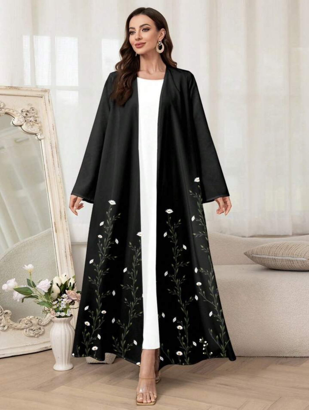 Al Najma Elegante Arabische abaya-jas met bloemenprint voor dames, bescheiden